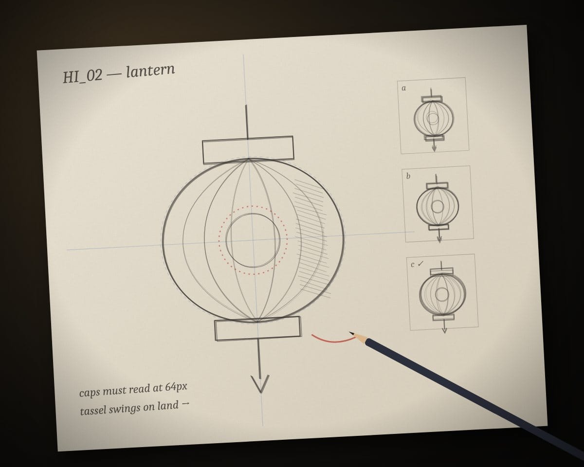 A pencil sketch of a lantern symbol with construction lines, thumbnail variants and notes.